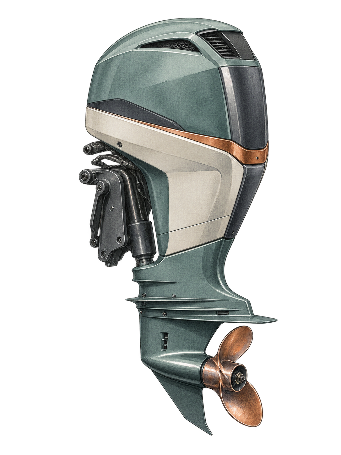 Editorial illustration of a marine outboard engine
